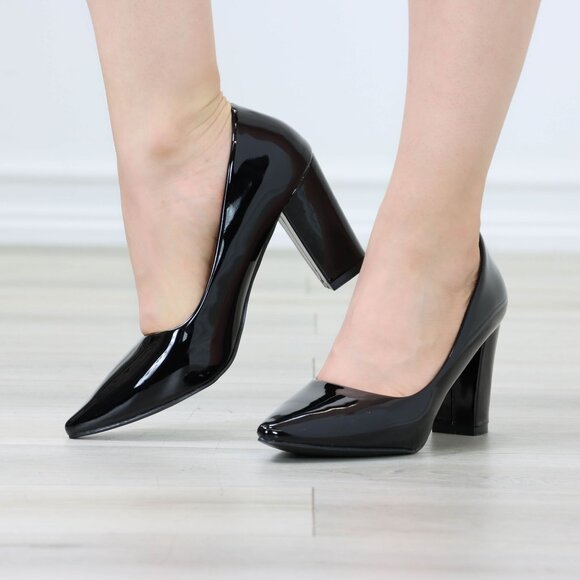 Classic Black Patent Block High Heel Slip On Pointed Toe Pumps Office Wear - Picture 8 of 10